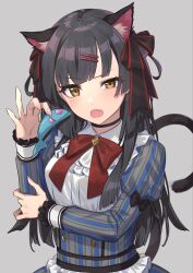 Rule 34 | 1girl, animal ears, black choker, black hair, black ribbon, blunt bangs, blush, bow, bowtie, breasts, brown eyes, cat ears, cat tail, choker, commentary, dot nose, dress, fake animal ears, fake tail, fang, frilled dress, frills, grey background, hair bow, hair ornament, hair ribbon, hairclip, hands up, highres, holding, holding own arm, holding stuffed toy, idolmaster, idolmaster shiny colors, long hair, long sleeves, looking at viewer, mayuzumi fuyuko, medium breasts, multicolored clothes, multicolored dress, nail polish, open mouth, pink nails, puffy long sleeves, puffy sleeves, red bow, red bowtie, ribbon, simple background, skin fang, solo, striped clothes, striped dress, stuffed animal, stuffed fish, stuffed toy, tail, talaloco, two side up, upper body