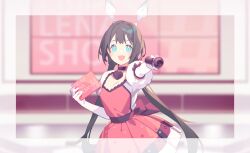 Rule 34 | 1girl, absurdres, animal ears, black hair, blue eyes, blurry, blurry background, breasts, depth of field, djmax, dress, floating headgear, gloves, hair between eyes, hair ornament, headgear, highres, lena (djmax), mamo c, microphone, non-web source, outstretched arm, small breasts, smile, solo, source request, twintails