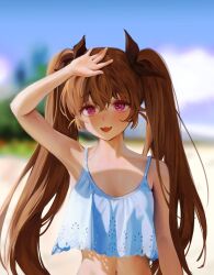 Rule 34 | 1girl, :3, :d, \||/, arm at side, arm up, armpits, bare shoulders, blurry, blurry background, breasts, brown hair, commentary request, day, fang, flat chest, hair between eyes, highres, llttyyyuu, long hair, looking at viewer, midriff, navel, open mouth, original, outdoors, petite, purple eyes, revision, skin fang, small breasts, smile, solo, twintails, very long hair