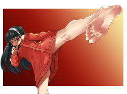 Rule 34 | 1girl, arms up, back, bare legs, barefoot, black hair, black legwear, blush, border, breasts, cleavage, dress, earrings, eiji (eiji), feet, foot focus, foreshortening, gold earrings, hairband, highres, jewelry, kicking, large breasts, martial arts, red eyes, red sweater, solo, spy x family, standing, standing on one leg, sweater, sweater dress, white border, white hairband, yor briar