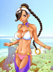 Rule 34 | 1990s (style), 1girl, arabian clothes, bikini, bikini top only, braid, breasts, brown hair, capcom, cleavage, earrings, gypsy, harem outfit, jewelry, lots of jewelry, md5 mismatch, power stone, red eyes, resolution mismatch, retro artstyle, rouge (power stone), solo, source smaller, swimsuit, ueyama michirou
