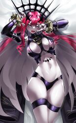 Rule 34 | 1girl, absurdres, baobhan sith (fate), baobhan sith (second ascension) (fate), bare shoulders, black panties, blush, bracelet, breasts, casul, detached sleeves, ear piercing, earrings, fang, fangs, fate/grand order, fate (series), grey eyes, highres, hoop earrings, jewelry, navel, open mouth, pale skin, panties, piercing, pointy ears, red hair, revealing clothes, spiked bracelet, spikes, stomach, thigh strap, thighs, tiara, underwear, veil, wrist cuffs