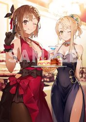 Rule 34 | 2girls, alcohol, armlet, arms behind back, atelier (series), atelier ryza, atelier ryza 2, bare shoulders, black gloves, black legwear, blonde hair, blue dress, blush, bow, braid, breasts, brown eyes, brown hair, cake, chandelier, choker, cleavage, closed mouth, cocktail glass, covered navel, cup, dessert, dress, drinking glass, earrings, evening gown, food, gloves, green eyes, hair bun, hair ornament, halterneck, highres, holding, holding cup, holding tray, index finger raised, indoors, jewelry, klaudia valentz, large breasts, licking lips, looking at viewer, multiple girls, necklace, official art, one eye closed, pantyhose, red bow, red dress, reisalin stout, sample watermark, short hair, side slit, sidelocks, single braid, single hair bun, smile, standing, swept bangs, table, thighs, third-party source, tongue, tongue out, toridamono, tray, watermark