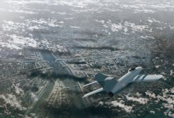 Rule 34 | aircraft, airplane, asterisk kome, bridge, broken bridge, cityscape, cloud, fighter jet, flying, from above, highres, jet, mig-15, military vehicle, river, ruins, smoke, smoke trail, winged fusiliers