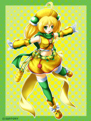 Rule 34 | 1girl, blonde hair, bottle, c.c. lemon, c.c. lemon (character), can, gloves, green thighhighs, halftone, hat, highres, kittan (cve27426), long hair, midriff, navel, outstretched arms, polka dot, polka dot background, solo, thighhighs, twintails, white gloves, zipper