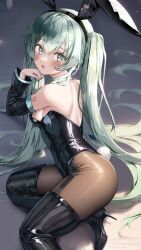 Rule 34 | 1girl, :d, aqua eyes, aqua hair, arm tattoo, bare shoulders, black footwear, black hairband, black leotard, blush, boots, breasts, brown pantyhose, detached sleeves, fake tail, hairband, hatsune miku, high heel boots, high heels, highres, latex, latex thighhighs, leotard, long hair, long sleeves, looking at viewer, lying, medium breasts, number tattoo, on side, open mouth, pantyhose, pixiv id, playboy bunny, rabbit tail, shirubaa, shoe soles, sideboob, signature, smile, solo, stiletto heels, strapless, strapless leotard, tail, tattoo, thigh boots, thighhighs, twintails, twitter username, very long hair, vocaloid