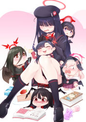 Rule 34 | 6+girls, ^ ^, absurdres, anger vein, black choker, black footwear, black gloves, black hair, black headwear, black serafuku, black socks, black wings, blue archive, book, cake, chibi, choker, clenched hands, closed eyes, crying, eating, flying sweatdrops, food, food on face, gloves, hair over eyes, halo, hasumi (blue archive), heart, highres, ichika (blue archive), justice task force (blue archive), justice task force member (blue archive), knees together feet apart, knees up, koharu (blue archive), mashiro (blue archive), multiple girls, pointing, reading, red halo, school uniform, serafuku, shumiao, sitting, socks, strawberry shortcake, tears, tsurugi (blue archive), wings