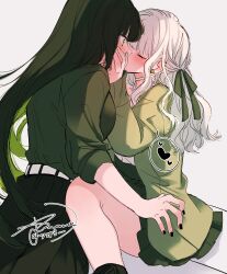 2girls absurdres amane_(7783) black_nails closed_eyes commentary_request green_eyes green_hair green_jacket green_nails green_shirt green_skirt hair_ribbon heart highres jacket kiss long_hair long_sleeves multiple_girls nail_polish original pleated_skirt ribbon shirt signature skirt white_hair white_ribbon white_shirt yuri