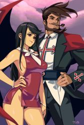 Rule 34 | 1boy, 1girl, absurdres, arc system works, bangle, beard, black hair, bracelet, breasts, brown hair, commentary, couple, covered erect nipples, dress, english commentary, facial hair, fringe trim, guilty gear, guilty gear xrd, hand on own hip, height difference, highres, husband and wife, jewelry, long hair, looking afar, medium breasts, microdress, mustache, no bra, optionaltypo, panties, pantyshot, pink sky, red dress, red eyes, red panties, sharon (guilty gear), side slit, sideboob, sideburns, single wing, sky, slayer (guilty gear), smoking pipe, standing, swept bangs, thick eyebrows, underwear, wings