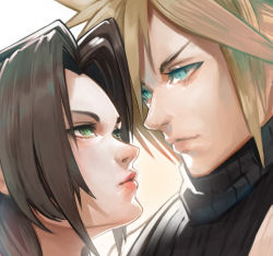 Rule 34 | 1boy, 1girl, aerith gainsborough, aqua eyes, blonde hair, blue shirt, brown hair, close-up, cloud strife, final fantasy, final fantasy vii, final fantasy vii remake, green eyes, hand on another&#039;s shoulder, highres, looking at another, nikusenpai, parted bangs, shirt, short hair, sleeveless, sleeveless turtleneck, spiked hair, turtleneck, white background