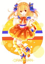 Rule 34 | 1girl, :d, absurdres, ahoge, asymmetrical wings, blonde hair, braid, copyright name, crown braid, highres, long hair, looking at viewer, moseley, open mouth, orangina, original, single braid, smile, solo, striped clothes, striped thighhighs, thighhighs, wings, yellow eyes