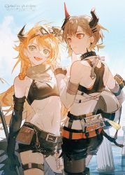 Rule 34 | 2girls, :d, arknights, bandana, bandeau, bare shoulders, belt, black choker, black gloves, black shorts, blue sky, choker, cloud, cowboy shot, croissant (arknights), croissant (seeker) (arknights), day, elbow gloves, female focus, from behind, gloves, goggles, goggles on head, green eyes, grey hair, hair ornament, hairclip, head tilt, highres, horns, infection monitor (arknights), long hair, looking at viewer, material growth, midriff, multiple girls, navel, nunok, official alternate costume, open mouth, orange hair, oripathy lesion (arknights), parted lips, pouch, red eyes, short shorts, shorts, sky, smile, standing, stomach, thigh strap, thighs, vulcan (arknights)