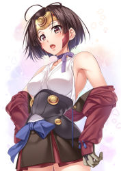 Rule 34 | 10s, 1girl, arm at side, blue ribbon, blush, breasts, brown hair, chobipero, choker, collarbone, corset, cowboy shot, cropped jacket, fingerless gloves, gloves, hair ornament, hand on own hip, headband, highres, koutetsujou no kabaneri, long sleeves, looking at viewer, mumei (kabaneri), off shoulder, open mouth, pleated skirt, red eyes, ribbon, ribbon choker, short hair, skirt, sleeveless, solo, topknot, untied
