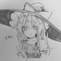 Rule 34 | 1girl, blush, commentary, crying, crying with eyes open, frown, graphite (medium), greyscale, hat, kirisame marisa, long hair, looking at viewer, monochrome, monochrome, puffy short sleeves, puffy sleeves, sad, short sleeves, solo, tears, touhou, traditional media, translated, vest, wavy hair, witch hat, yururi nano