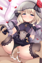 Rule 34 | 1girl, azur lane, bed, black dress, black gloves, black panties, black thighhighs, blue eyes, blush, bridal veil, censored, clothing aside, commission, cross, cum, cum in pussy, defloration, dress, flower, gloves, holding hands, iron cross, jewelry, looking at viewer, maccha, missionary, mosaic censoring, necklace, official alternate costume, on bed, panties, panties aside, penis, rose, sex, short hair, skeb commission, thigh grab, thighhighs, turtleneck, turtleneck dress, underwear, veil, wedding dress, z23 (azur lane), z23 (schwarze hochzeit) (azur lane)