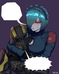 Rule 34 | 1girl, 1other, android, black gloves, breast press, commentary, english commentary, gloves, green hair, hair over one eye, helldiver (helldivers), helldivers (series), helmet, highres, hug, military uniform, purple background, red eyes, short hair, simple background, textless version, thatcchi, uniform, upper body