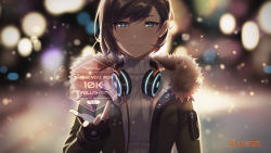 Rule 34 | 1girl, absurdres, black gloves, blue eyes, blurry, blurry background, closed mouth, coat, commentary, earrings, english commentary, fingerless gloves, fur trim, gloves, headphones, headphones around neck, highres, jewelry, kaijuicery, looking at viewer, open clothes, open coat, open hand, original, ribbed sweater, short hair, smile, sweater, swept bangs, thank you, turtleneck, turtleneck sweater