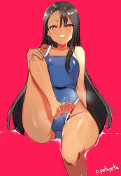 Rule 34 | 1girl, absurdres, black hair, blue one-piece swimsuit, blush, brown eyes, bulge, competition swimsuit, earclip, erection, erection under clothes, feet, flat chest, foot focus, futanari, grin, hair ornament, hairclip, highres, ijiranaide nagatoro-san, invisible chair, leg up, long hair, looking at viewer, nagatoro hayase, naughty face, nebaneba, one-piece swimsuit, school swimsuit, sitting, smile, solo, suggestive fluid, swimsuit, toes