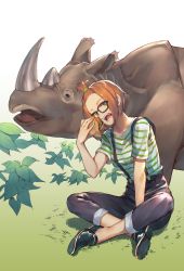 Rule 34 | 1girl, absurdres, bangs pinned back, black-framed eyewear, brown hair, burger, eating, food, full body, glasses, grass, green eyes, green nails, green shirt, hair ornament, hair pulled back, head tilt, highres, horns, indian style, kotoribako, leaf, looking at viewer, nail polish, no socks, on ground, open mouth, original, pants, pants rolled up, rhinoceros, shirt, shoe soles, shoes, short hair, short sleeves, single horn, sitting, striped clothes, striped shirt, suspenders, teeth, topknot, white shirt, yellow eyes, yellow nails