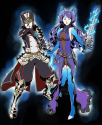 Rule 34 | 2girls, armor, artist request, breasts, brighid (xenoblade), collarbone, closed eyes, fire, full body, gloves, hat, long hair, medium breasts, military, military hat, military uniform, morag ladair (xenoblade), multiple girls, nintendo, pauldrons, reverse trap, shoulder armor, simple background, smile, sword, uniform, weapon, xenoblade chronicles (series), xenoblade chronicles 2, xenoblade chronicles (series), xenoblade chronicles 2