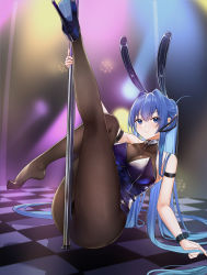 Rule 34 | 1girl, anchor ornament, animal ears, azur lane, black leotard, black pantyhose, bodystocking, breasts, checkered floor, cleavage, covered collarbone, fake animal ears, unworn footwear, hair between eyes, headgear, highres, large breasts, legs up, leotard, lim (ramu), looking at viewer, new jersey (azur lane), new jersey (exhilarating steps!) (azur lane), official alternate costume, pantyhose, playboy bunny, pole, pole dancing, rabbit ears, see-through, see-through cleavage, sitting, sol, solo, stage, stage lights, stripper pole