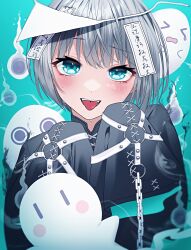 Rule 34 | 1girl, blue background, blue eyes, blush, chain, fangs, ghost, grey hair, harness, highres, hitodama, long sleeves, looking at viewer, o-ring, ofuda, ofuda on head, original, short hair, sleeves past fingers, sleeves past wrists, smile, solo, straight-on, sweat, tongue, tongue out, translation request, triangular headpiece, upper body, wanko (yurika0320)