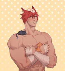 Rule 34 | 1boy, abs, animal ears, artist name, bandages, bara, biceps, blush, cat, crossed arms, highres, league of legends, male focus, muscular, pectorals, punbun 4fun, red hair, scar, scar on face, sett (league of legends), topless male, veins, yellow eyes