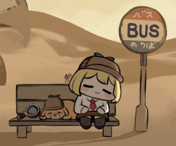 Rule 34 | 1girl, :3, bench, blonde hair, blush, brown headwear, brown thighhighs, bubba (watson amelia), chibi, closed eyes, closed mouth, desert, detective, dog, full body, hat, hololive, hololive english, jazz jack, magnifying glass, shade, shadow, short hair, signpost, sitting, sleeping, thighhighs, virtual youtuber, watson amelia