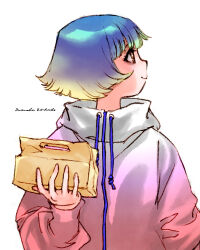 Rule 34 | 1girl, blonde hair, blue hair, box, gradient clothes, gradient hair, highres, holding, holding box, hood, hoodie, looking to the side, multicolored hair, original, pink hoodie, profile, short hair, signature, simple background, solo, upper body, white background, white hoodie, zerra01