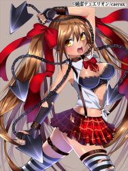 Rule 34 | 1girl, belt, breasts, brown hair, chain, collar, copyright name, fingerless gloves, gloves, junketsu duelion, kuzuryuu miruto, mataro (matarou), midriff, navel, official art, open clothes, open mouth, open shirt, shirt, simple background, skirt, socks, solo, striped clothes, striped socks, striped thighhighs, suspenders, thighhighs, torn clothes, twintails, yellow eyes