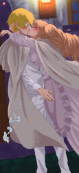 Rule 34 | 1boy, 1girl, a mimishi, absurdres, blonde hair, blush, breasts, brown hair, charlotte pudding, closed eyes, dress, grey cloak, hetero, highres, kiss, large breasts, long hair, one piece, pants, patreon username, purple dress, sanji (one piece), shirt, surprised, white pants, white shirt