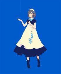 Rule 34 | 1girl, apron, black dress, black footwear, blue background, blue eyes, bob cut, boots, bow, clenched hand, collared dress, dress, floral print, flower, frilled hairband, frills, from side, full body, grey hair, hair between eyes, hair flower, hair ornament, hairband, hands up, heel up, legs apart, limited palette, long dress, looking away, looking up, maeya susumu, maid, maid headdress, morning glory print, open hand, original, parted lips, pleated dress, puffy short sleeves, puffy sleeves, rain, ripples, rubber boots, sash, short hair, short sleeves, signature, simple background, solo, standing, tareme, waist apron, waist bow, water drop, white apron, white hairband, white sash, wing collar