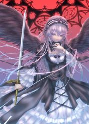 Rule 34 | 00s, doll joints, goth fashion, gothic lolita, joints, lolita fashion, long hair, pink eyes, rozen maiden, sabamu, silver hair, solo, suigintou, sword, weapon, wings