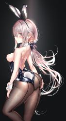Rule 34 | 1girl, 9a-91 (girls&#039; frontline), absurdres, animal ears, ass, ass grab, back-seamed legwear, bad id, bad pixiv id, bare shoulders, black leotard, blue eyes, breasts, breasts out, commentary, detexted, english commentary, fake animal ears, fake tail, fine fabric emphasis, from side, girls&#039; frontline, grabbing own ass, highres, leotard, long hair, looking at viewer, medium breasts, mixed-language commentary, nipples, nude filter, pantyhose, playboy bunny, pottsness, rabbit ears, rabbit tail, seamed legwear, solo, strapless, strapless leotard, tail, third-party edit, wrist cuffs