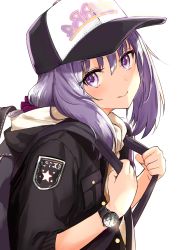 Rule 34 | 1girl, absurdres, backpack, bad id, bad twitter id, bag, baseball cap, black hat, black jacket, blush, bow, breast pocket, closed mouth, hair between eyes, hair bow, hat, highres, hood, hood down, hooded jacket, jacket, long hair, long sleeves, looking at viewer, low ponytail, miruto netsuki, original, pocket, purple bow, purple eyes, purple hair, sidelocks, simple background, sleeves pushed up, smile, solo, standing, upper body, watch, white background, wristwatch