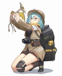 Rule 34 | 1girl, backpack, bag, blue hair, camera, chinese commentary, commentary request, fern (neural cloud), girls&#039; frontline, girls&#039; frontline neural cloud, glasses, hat, helmet, holding, jacket, kneeling, medium hair, pith helmet, pterosaur, scarf, shorts, skeleton, smile, soeyumi, solo, thighs, white background, yellow eyes, yellow scarf