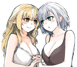 Rule 34 | 2girls, :o, blonde hair, blush, breasts, brown eyes, cleavage, collarbone, green eyes, grey hair, hair behind ear, holding hands, hololive, large breasts, multiple girls, parted lips, pointy ears, sazare (sazare az), shiranui flare, shirogane noel, virtual youtuber, white background, yuri