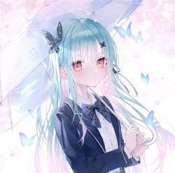 Rule 34 | 1girl, absurdres, blue bow, blue bowtie, blue jacket, bow, bowtie, bug, butterfly, butterfly-shaped pupils, butterfly hair ornament, cherry blossoms, closed mouth, commentary request, flat chest, gradient hair, green hair, hair ornament, highres, holding, holding umbrella, hololive, insect, jacket, light blush, long hair, long sleeves, looking at viewer, mashiro shiki, multicolored hair, pink hair, plaid, plaid bow, plaid bowtie, red eyes, school uniform, shirt, sidelocks, solo, symbol-shaped pupils, symbol in eye, transparent, transparent umbrella, umbrella, upper body, uruha rushia, uruha rushia (school uniform), very long hair, virtual youtuber, white shirt