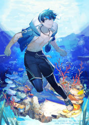Rule 34 | 1boy, air bubble, blue male swimwear, blue swim trunks, bubble, copyright name, coral, day, drawstring, earrings, fish, highres, jacket, jewelry, male focus, male swimwear, necklace, open clothes, open jacket, outdoors, peili (pixiv fantasia age of starlight), pixiv fantasia, pixiv fantasia age of starlight, rezia, sandals, scar, swim trunks, swimsuit, underwater, wristband