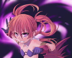 Rule 34 | 00s, 1girl, agito, agito (nanoha), aiai, bare shoulders, chain, clenched hand, clenched teeth, collar, collarbone, gloves, grin, hair between eyes, looking at viewer, lyrical nanoha, mahou shoujo lyrical nanoha, mahou shoujo lyrical nanoha strikers, o-ring, o-ring top, outstretched arm, purple eyes, purple gloves, red hair, smile, solo, teeth, twintails, upper body, wrist cuffs