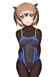 Rule 34 | 10s, 1girl, absurdres, blue one-piece swimsuit, blush, breasts, brown hair, covered collarbone, cowboy shot, eurasian eagle owl (kemono friends), hair between eyes, highres, kemono friends, looking at viewer, navel, nipples, one-piece swimsuit, pussy, pussy peek, see-through, short hair, simple background, small breasts, solo, swimsuit, white background, yellow eyes, zhao shixuan