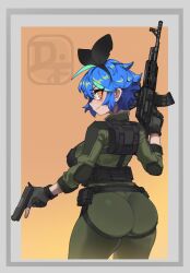 Rule 34 | 1girl, ass, black hairband, black ribbon, blue hair, commentary, cowboy shot, dif (difman), difman, english commentary, fingerless gloves, from behind, gloves, green jacket, green pants, grey gloves, gun, hair ribbon, hairband, handgun, holding, holding gun, holding weapon, jacket, long sleeves, looking at viewer, looking back, multicolored hair, orange eyes, original, pants, ribbon, solo, streaked hair, weapon, weapon request
