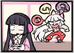 Rule 34 | black hair, blush, bow, brown footwear, controller, embarrassed, fujiwara no mokou, hair bow, headphones, hime cut, holding, holding controller, houraisan kaguya, jazonyan, long hair, no symbol, ofuda, ofuda on clothes, red suspenders, simple background, speech bubble, speed lines, suspenders, touhou, very long hair, whip, white hair