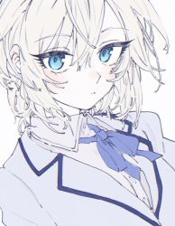Rule 34 | 1girl, anastasia (idolmaster), blazer, blue eyes, blush, bow, bowtie, collared shirt, expressionless, eyelashes, highres, idolmaster, idolmaster cinderella girls, jacket, lapels, looking at viewer, notched lapels, parted lips, shirt, short hair, simple background, solo, tenoo12, upper body, white background, white hair