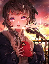 Rule 34 | 1girl, absurdres, bad id, bad pixiv id, black jacket, black ribbon, blush, brown hair, brown jacket, chigiri kurenai, cloud, cloudy sky, collared shirt, commentary request, evening, gift, hair ribbon, heart, highres, holding, holding gift, jacket, long hair, looking at viewer, open mouth, original, outdoors, pink eyes, red sky, ribbon, shirt, sky, sleeves past wrists, solo, sunset, teeth, twilight, upper teeth only, valentine, white shirt
