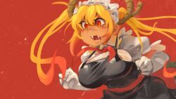 Rule 34 | 1girl, apron, ascot, black apron, breasts, clenched hands, dragon girl, dragon horns, fangs, gloves, highres, horns, khyle., kobayashi-san chi no maidragon, large breasts, maid, maid apron, maid headdress, orange eyes, puffy sleeves, red ascot, red background, see-through, see-through shirt, sharp teeth, simple background, solo, teeth, tohru (maidragon), white gloves