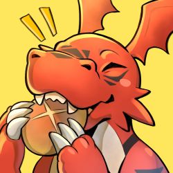 Rule 34 | bread, claws, colored skin, digimon, digimon (creature), digimon tamers, eating, closed eyes, facial mark, food, guilmon, happy, highres, holding, no humans, notice lines, nui (nuitt), red skin, simple background, yellow background