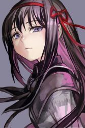 Rule 34 | 1girl, akemi homura, black hair, closed mouth, frown, hairband, hungry clicker, long hair, looking at viewer, magical girl, mahou shoujo madoka magica, mahou shoujo madoka magica (anime), portrait, purple background, purple eyes, red ribbon, ribbon, simple background, smile, solo