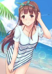 Rule 34 | 1girl, anchor print, beach, blue sky, blurry, blurry background, bow, brown eyes, brown hair, cloud, cowboy shot, day, dutch angle, floating hair, hair bow, hairband, highres, idolmaster, idolmaster million live!, lens flare, long hair, looking at viewer, ocean, shirt, shirt tug, short sleeves, sky, smile, solo, soujin, standing, striped bow, striped clothes, striped hairband, striped shirt, tanaka kotoha, very long hair, white shirt