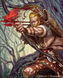 Rule 34 | 1boy, armor, arrow (projectile), axe, bare tree, beard, blonde hair, bow (weapon), chainmail, clenched teeth, company name, dated, day, facial hair, hatchet, hatchet (axe), highres, holding, holding bow (weapon), holding weapon, hortensia saga, long hair, male focus, muscular, mustache, official art, outdoors, ponytail, quiver, shita to hidari, sideburns, solo, standing, teeth, tree, watermark, weapon
